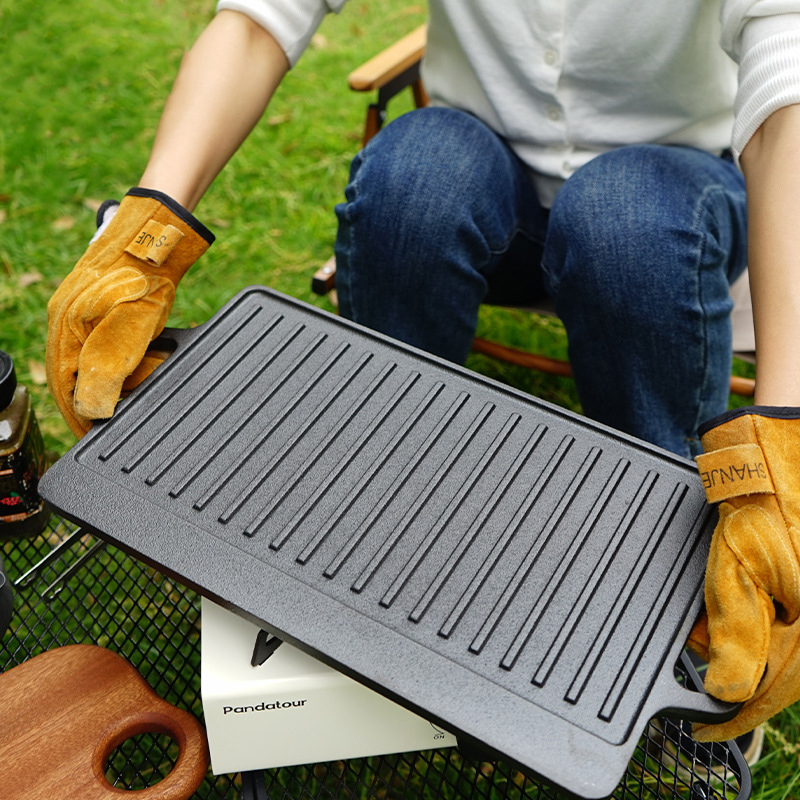 Camping Cooking Flat Top - Doppelseitige Gusseisen-Grillpfanne für Outdoor-Camping, BBQ, Steak-Zubereitung,